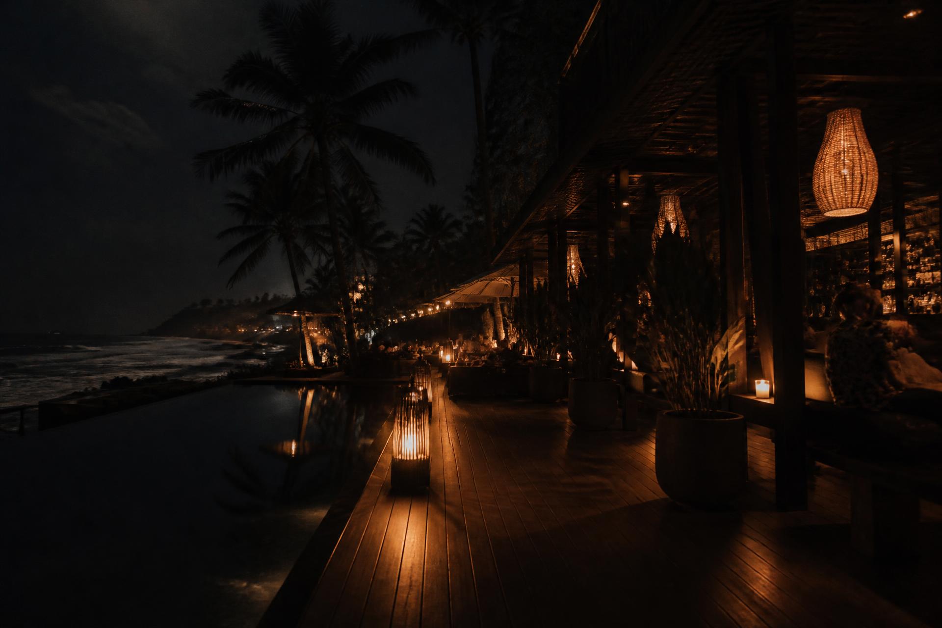Beach club terrace after sunset